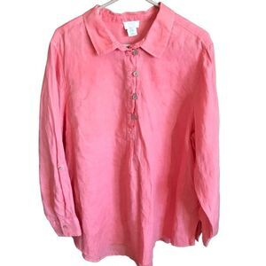 Sigred Olsen 100% Linen plus SZ 2XL Buttons Coral long tab sleeve Vacation